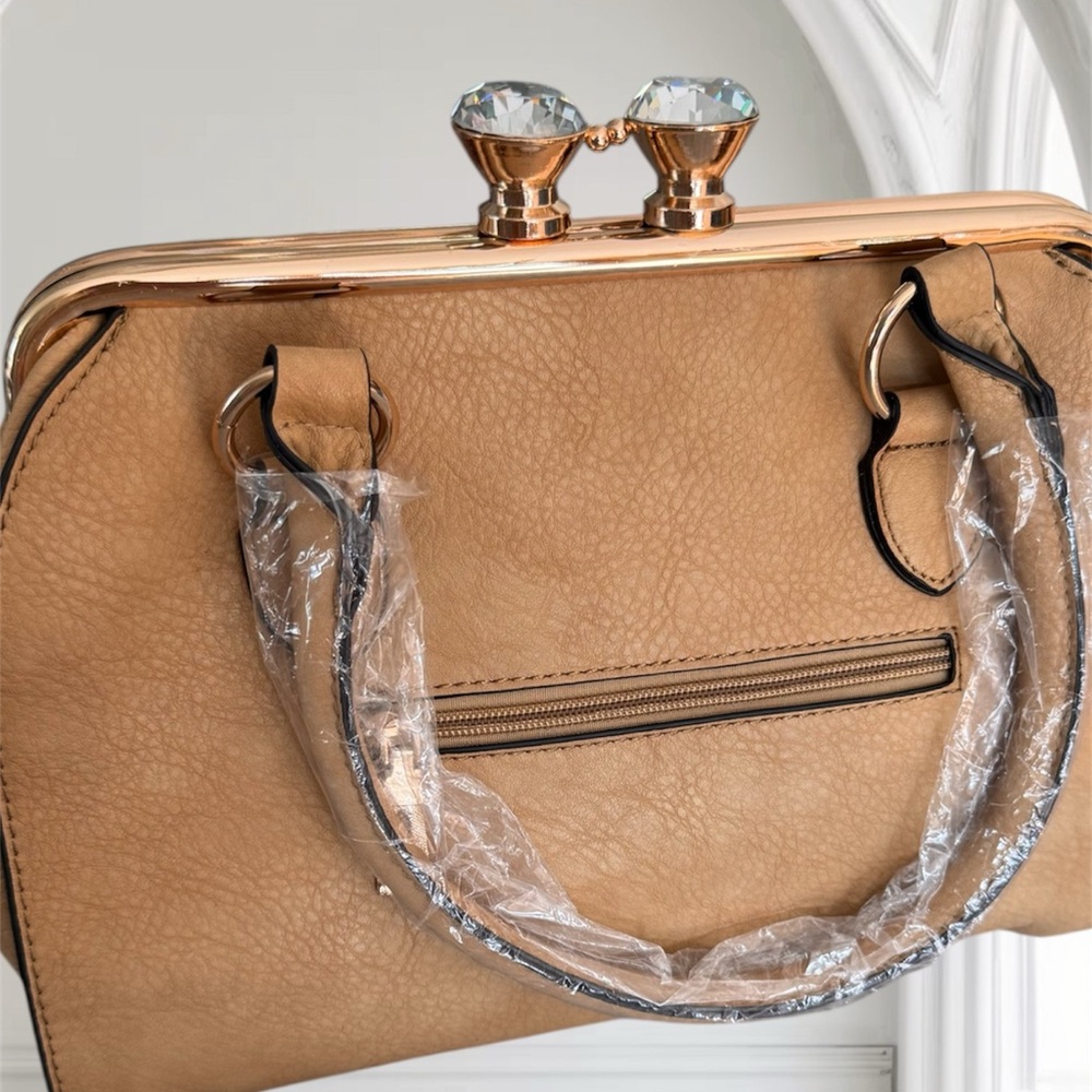 Tan and Gold Structured Shoulder Bag with Detachable Strap